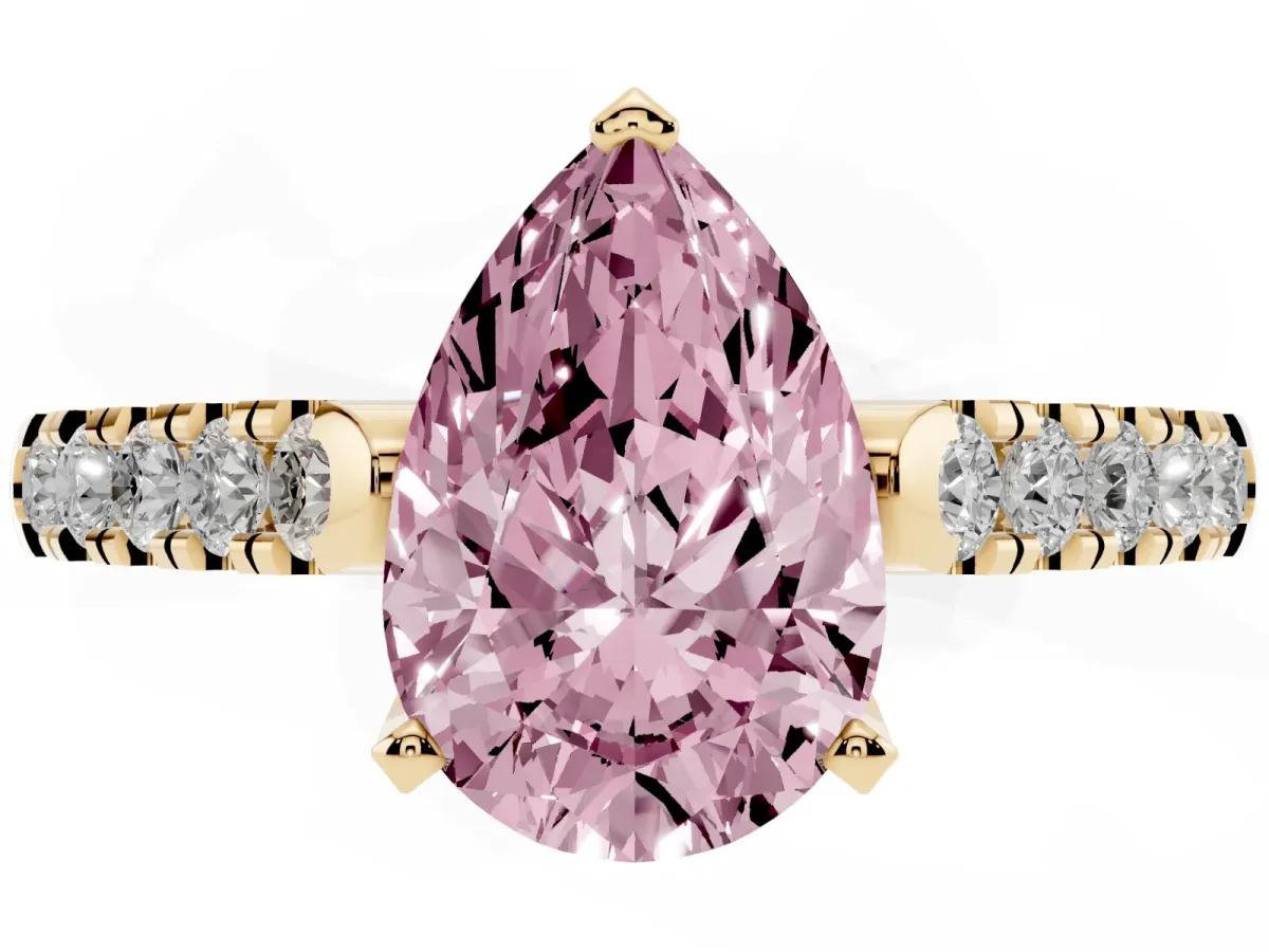 Fancy Pink Pear Cut Diamond Pavé Band Solitaire Ring with Prong Setting Yellow gold