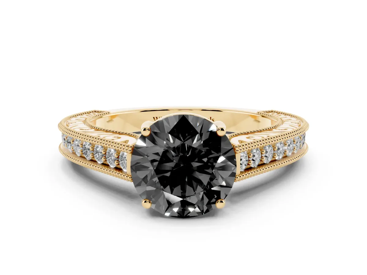 Fancy Black Round Cut Cut Pave Band Milgrain Solitaire Ring Yellow gold
