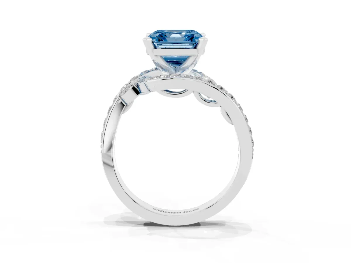 Fancy Blue Asscher Cut Solitaire with Pavé Twist Band and Four-Prong Setting Silver