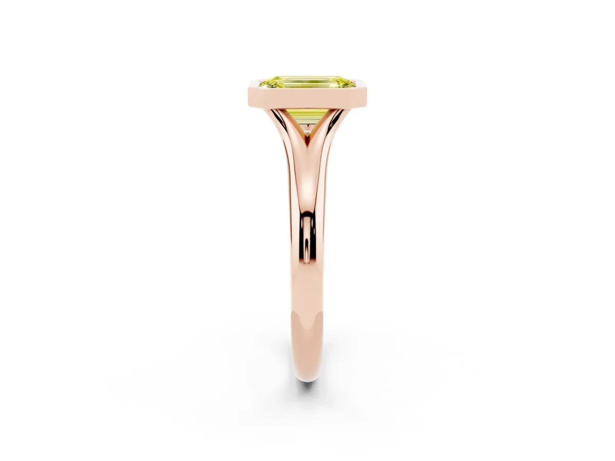 Fancy Yellow Bezel Set Emerald Cut Solitaire Diamond Ring with Smooth Band Rose gold