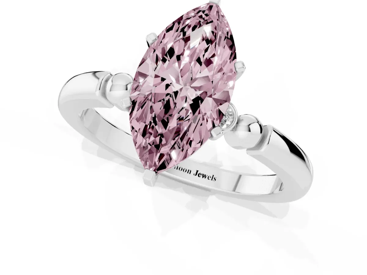 Fancy Pink Marquise Cut Solitaire Beaded Band with Four-Prong Setting Silver