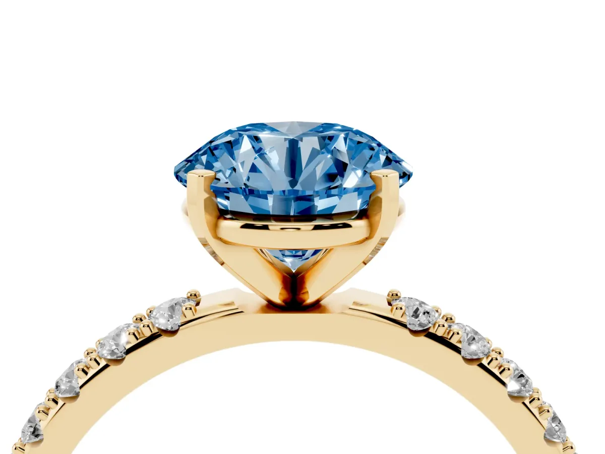 Fancy Blue Round Cut Diamond Solitaire Pavé Band with Four-Prong Setting Yellow gold