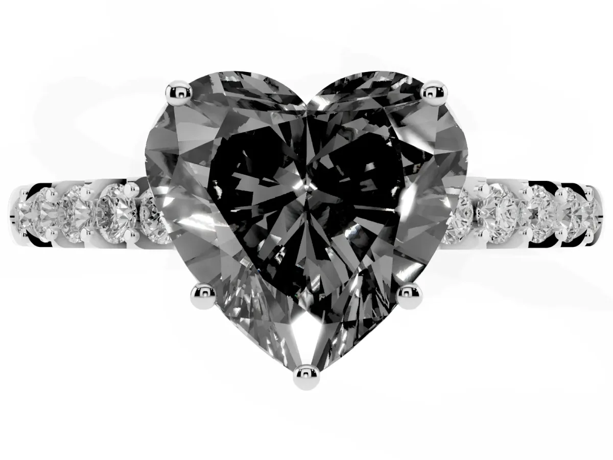 Fancy Black Heart Cut Solitaire Diamond Engagement Ring with Pavé Band and Six-Prong Setting Silver