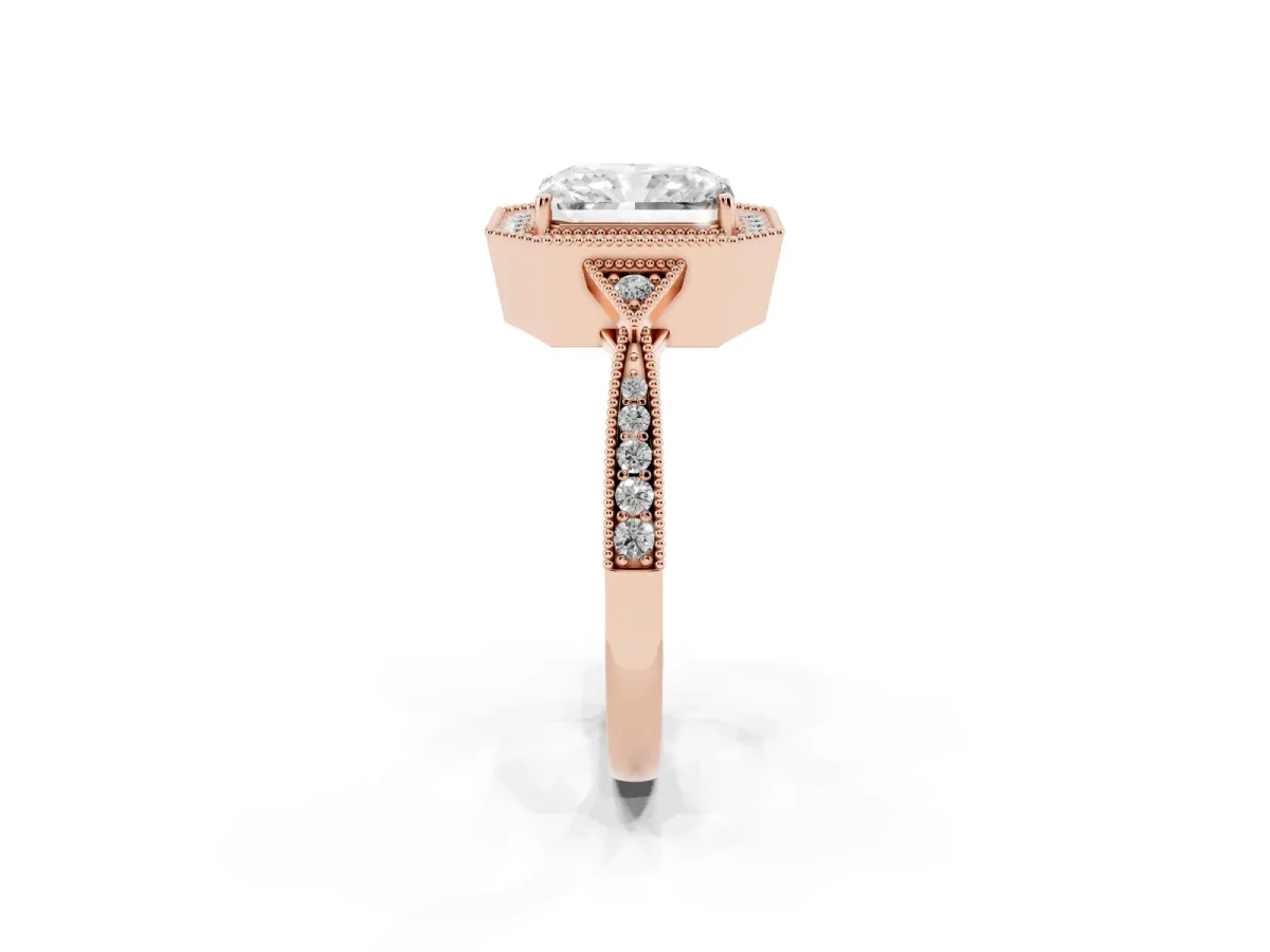 Radiant Cut Halo Round Diamond Milgrain Pave Engagement Ring Rose gold