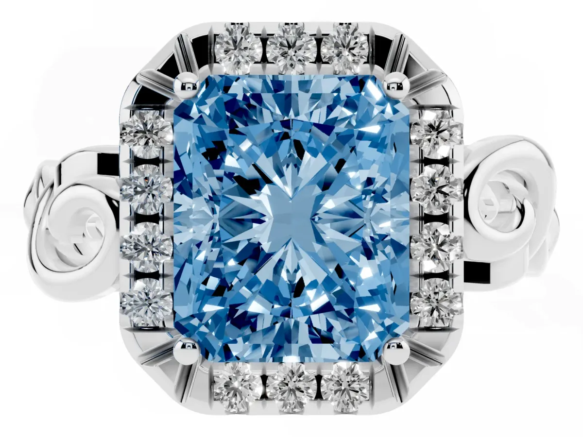 Fancy Blue Radiant Cut Cut Halo Diamond Ring with Scrollwork Band and Four-Prong Setting Silver