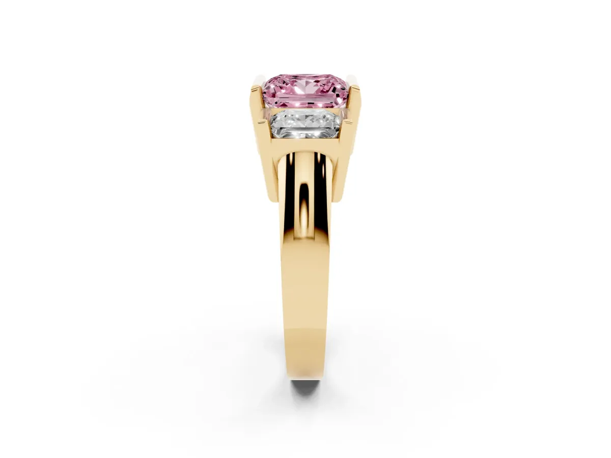 Fancy Pink Three Stone Princess Cut Cut Channel Set Diamond Ring Yellow gold