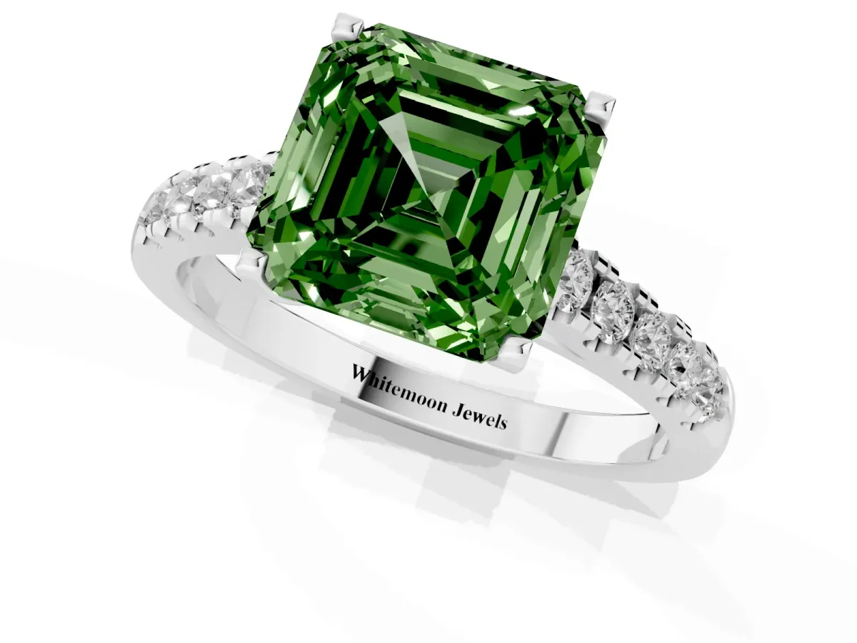 Fancy Green Asscher Cut Diamond Pavé Band Solitaire Ring with Prong Setting Platinum