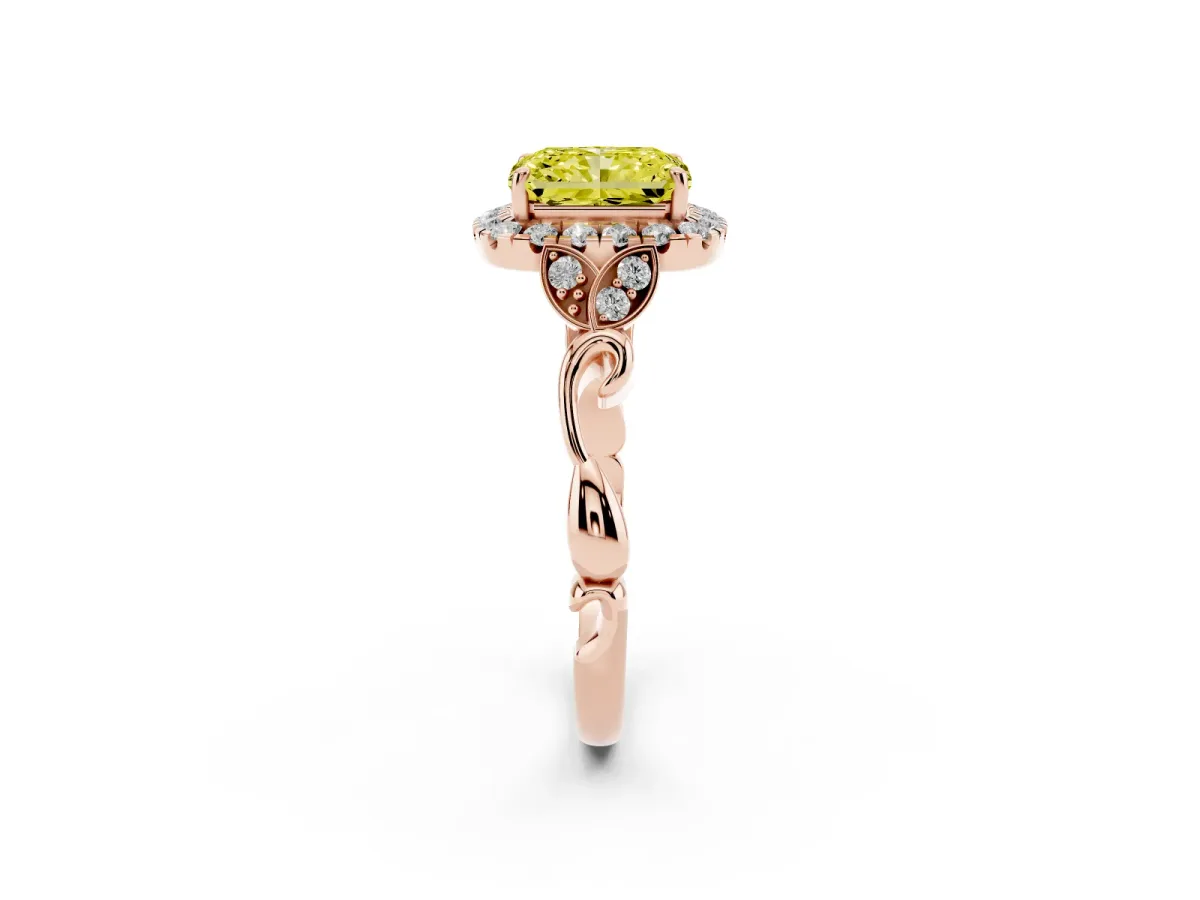 Fancy Yellow Radiant Cut Halo Diamond Engagement Ring with Vintage-Inspired Band and Four-Prong Setting Rose gold
