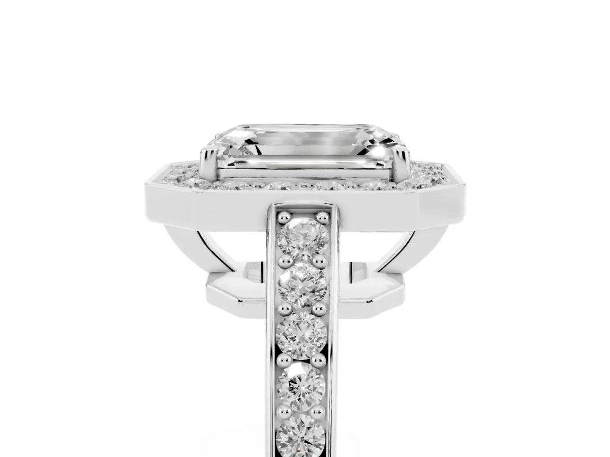 Emerald Cut Halo Pavé Diamond Engagement Ring with Bezel Setting Silver