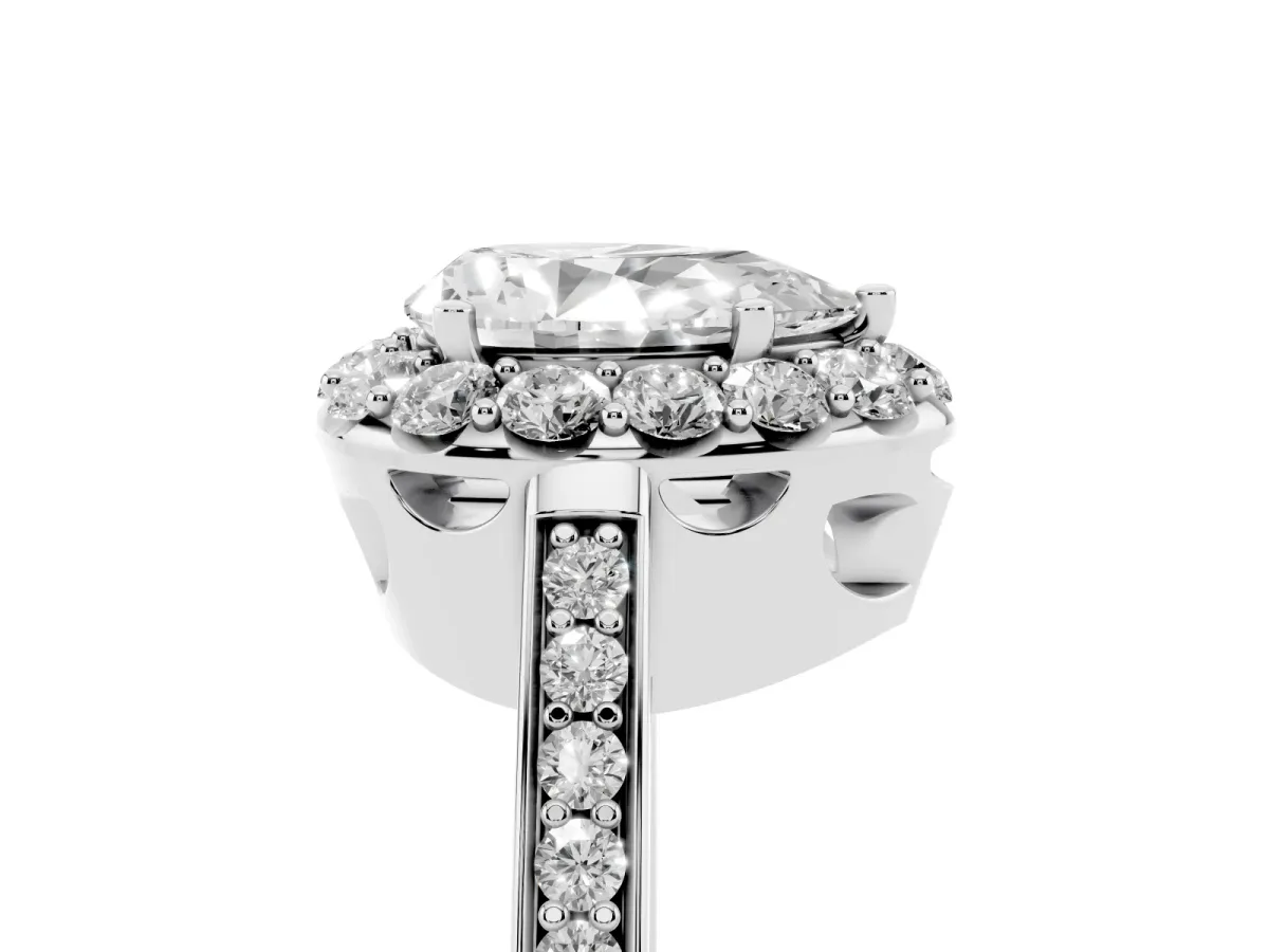 Pear Cut Diamond Floral Halo Ring with Pavé Band and Prong Setting Platinum
