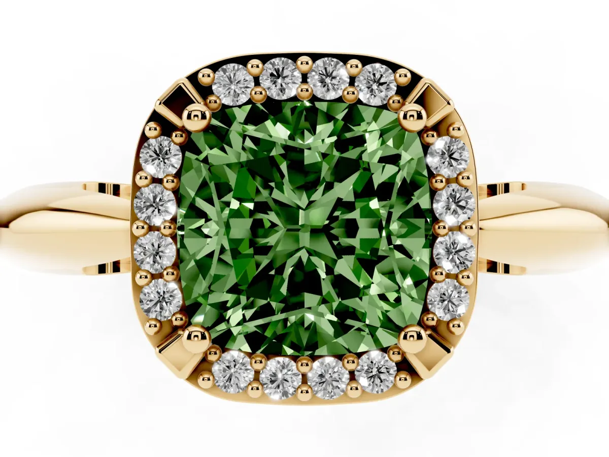 Fancy Green Cushion Cut Cut Diamond Halo Engagement Ring with Split Shank and Four-Prong Setting Yellow gold