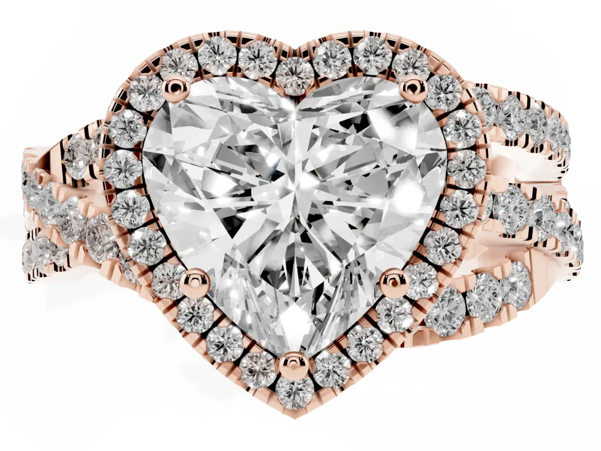Heart Cut Diamond Halo Ring with Round Split Shank and Prong Setting Rose gold