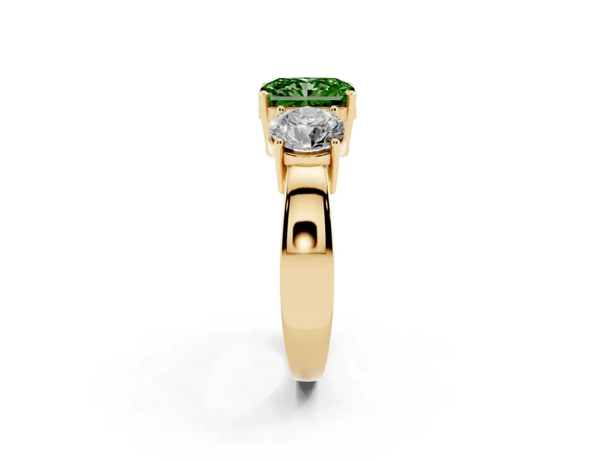 Fancy Green Three-Stone Radiant Cut Diamond Ring with Round Side Stones, Classic Band, and Four-Prong Setting Yellow gold