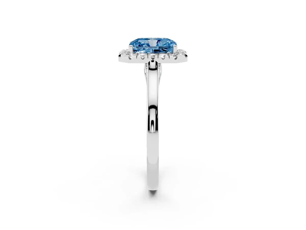 Fancy Blue Radiant Cut Halo Round Diamond Solitaire Ring with Pavé Band and Four-Prong Setting Silver