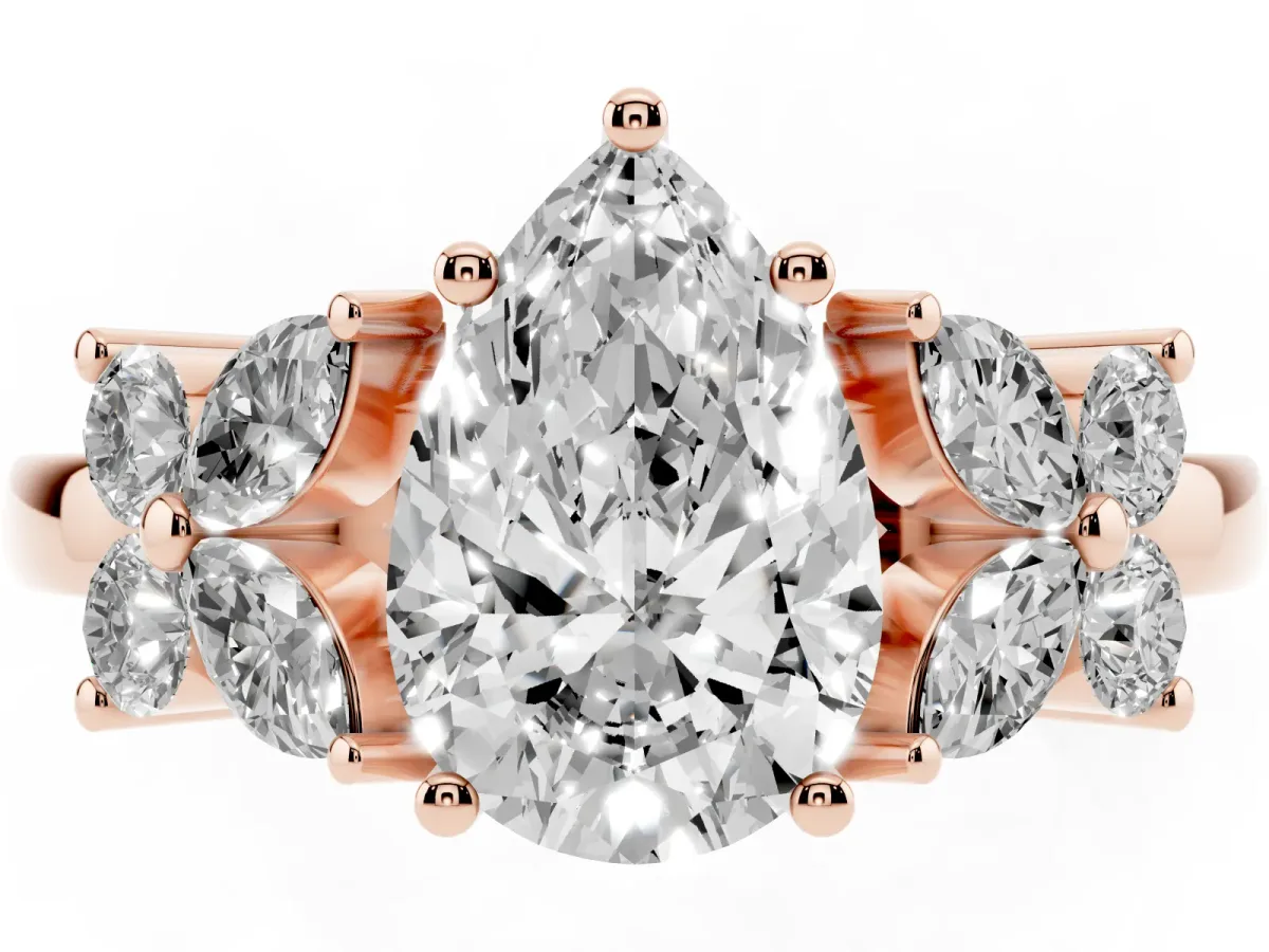 Pear Cut Diamond Floral Cluster Ring with Solitaire Band and Prong Setting Rose gold