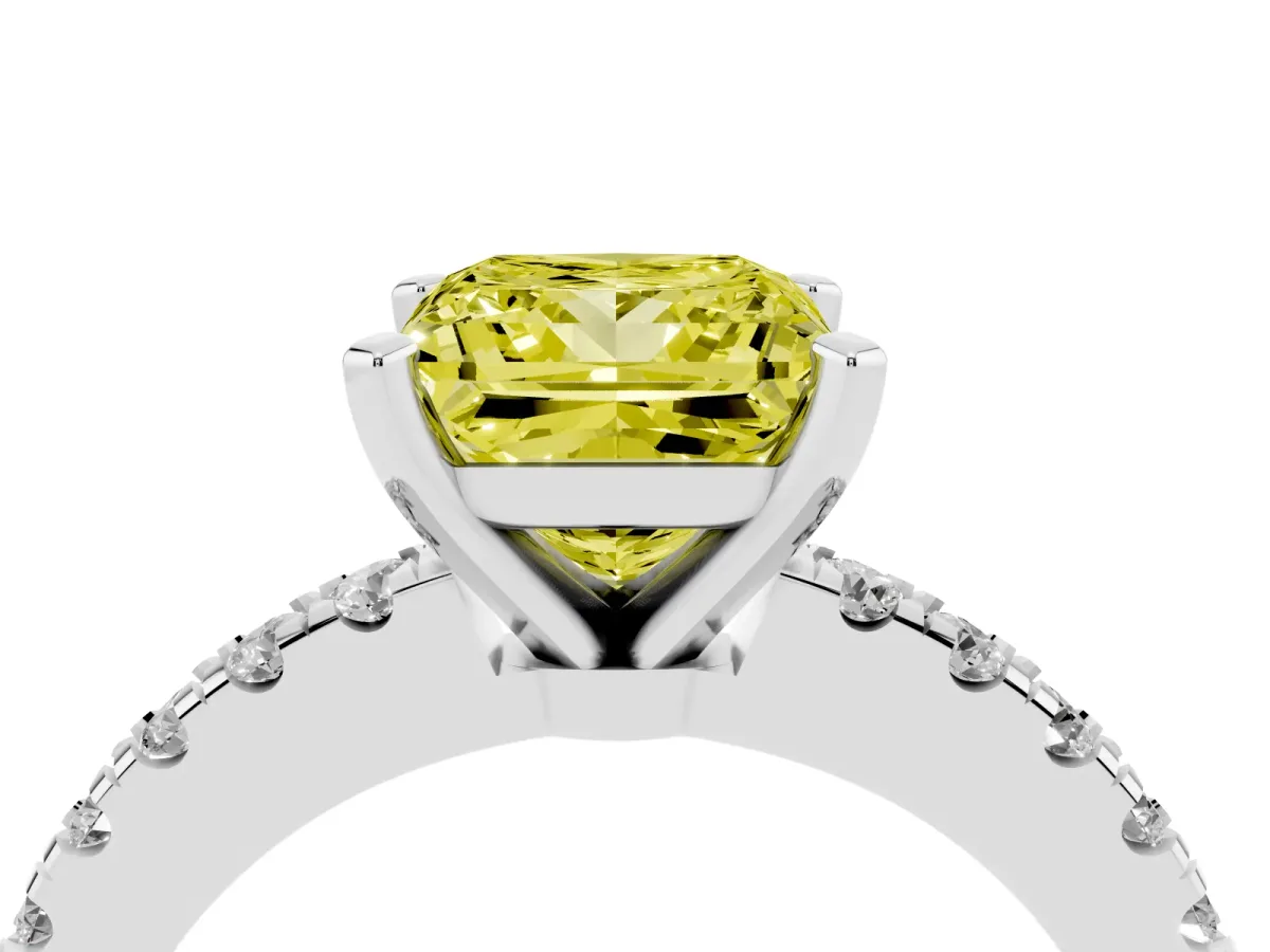 Fancy Yellow Princess Cut Solitaire Diamond with Pavé Band and Four-Prong Setting Platinum