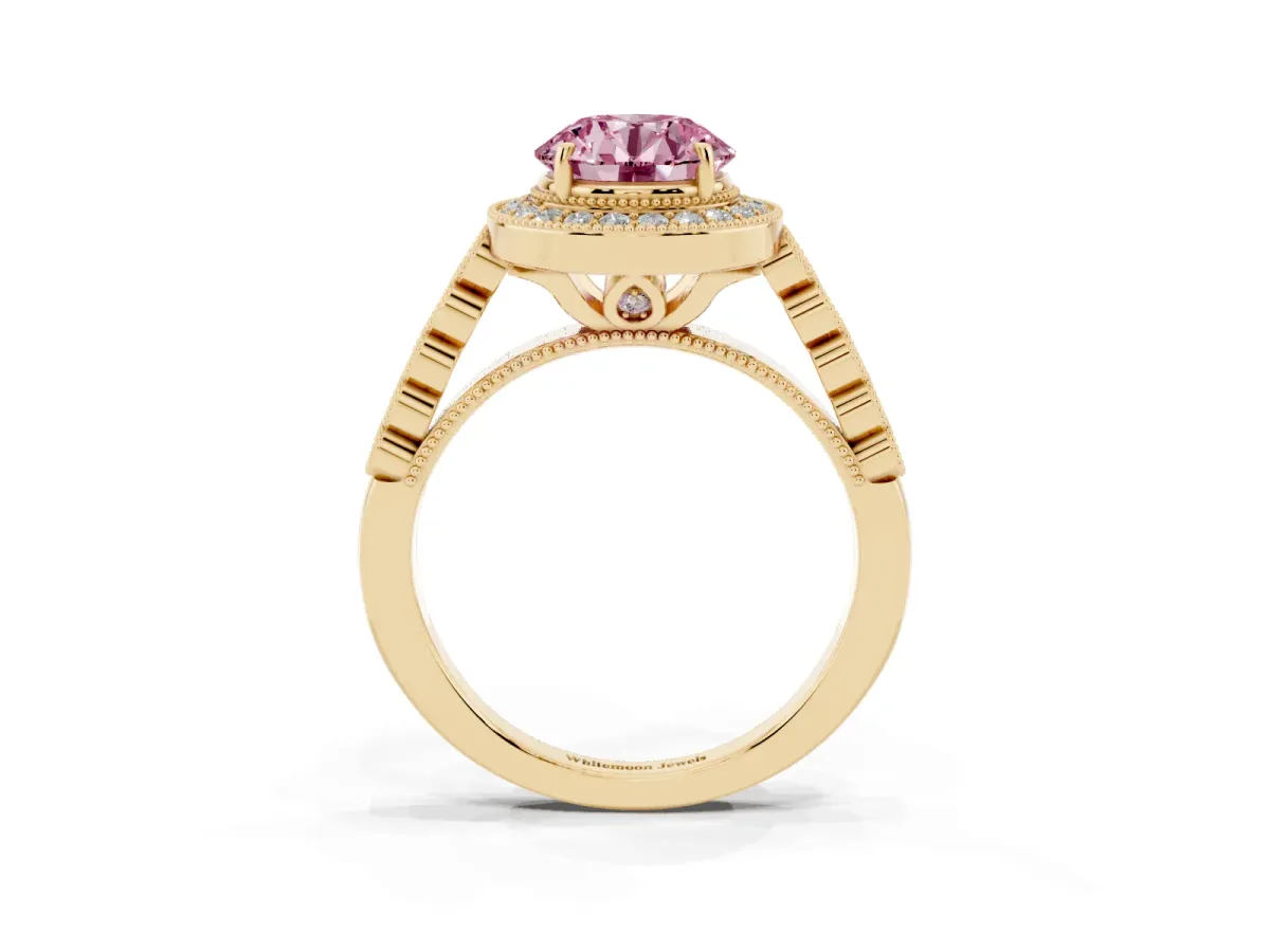 Fancy Pink Round Cut Halo Milgrain Solitaire with Bezel Set Side Stones and Pave Band Yellow gold