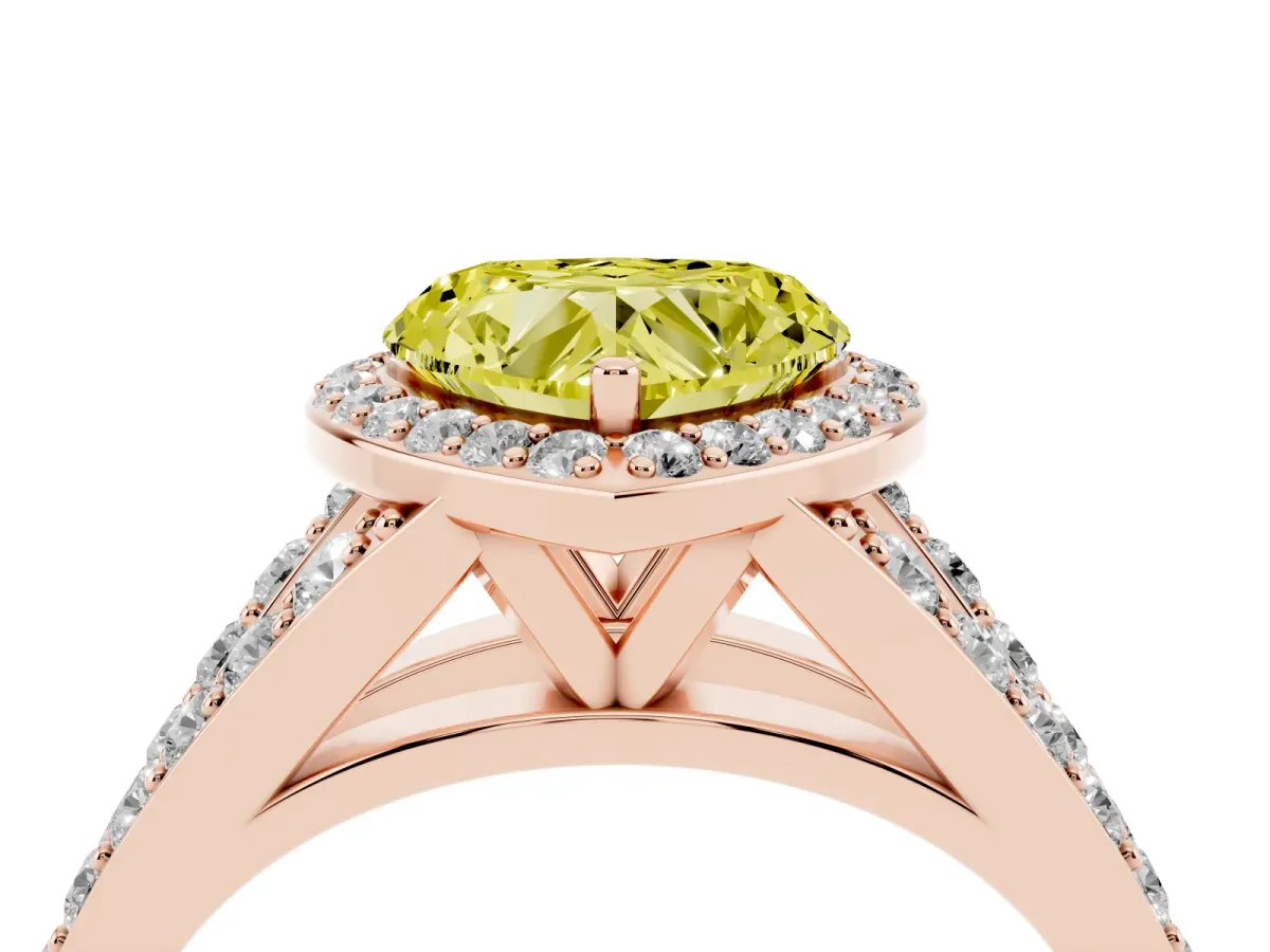 Fancy Yellow Heart Cut Diamond Split Shank Halo Ring with Four-Prong Setting Rose gold