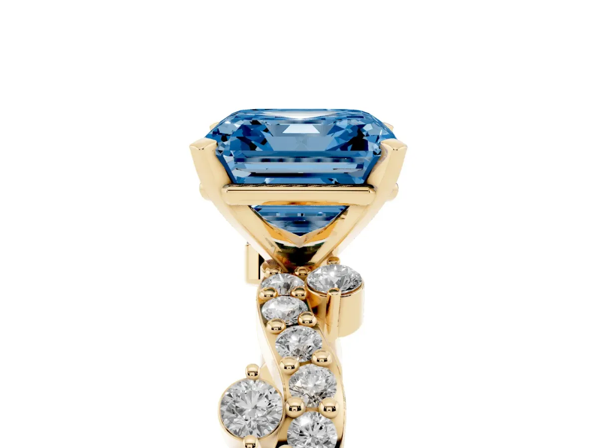 Fancy Blue Asscher Cut Cut Solitaire Diamond Twisted Band with Pave Setting Yellow gold