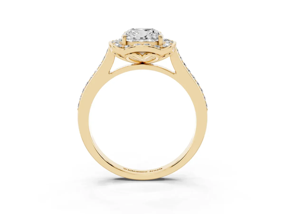 Cushion Cut Halo Round Diamond Pave Band with Four-Prong Setting Yellow gold