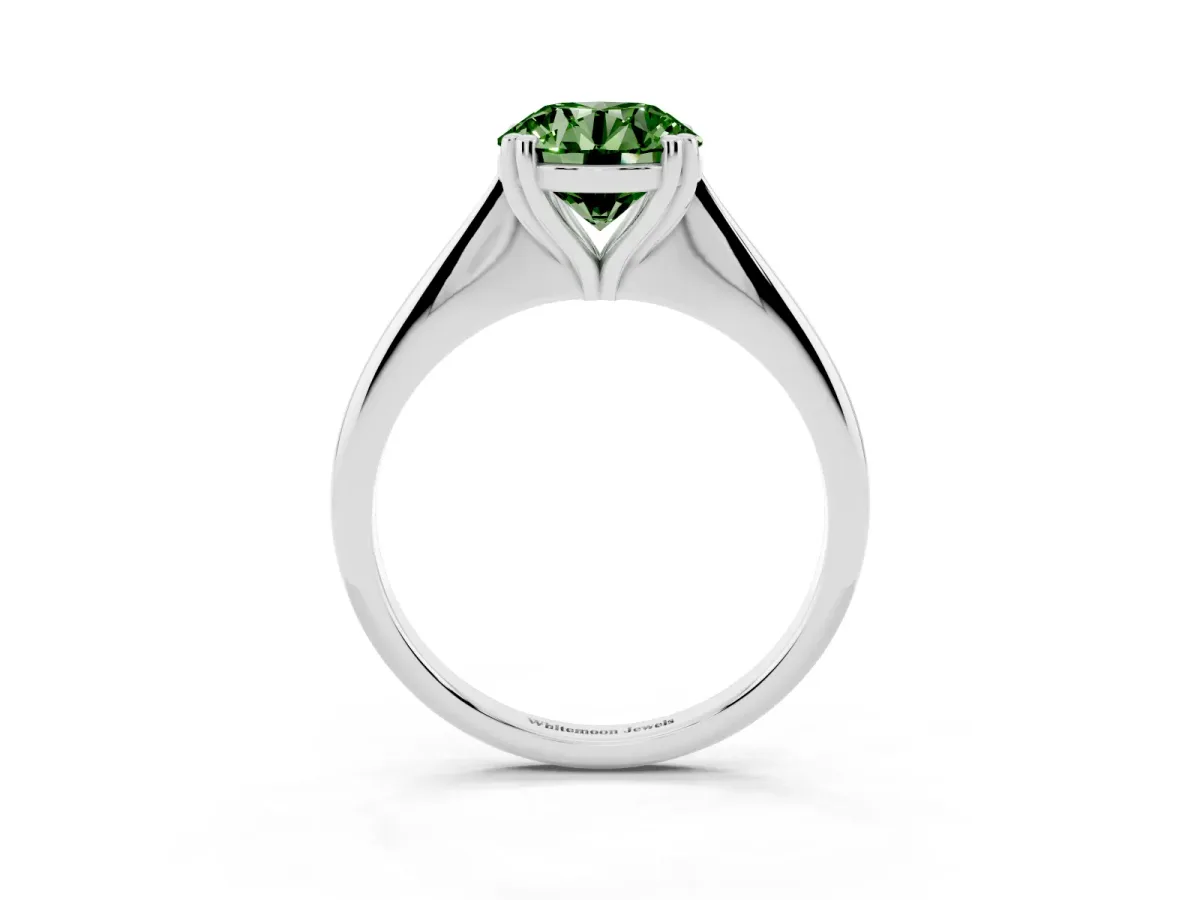 Fancy Green Round Cut Solitaire Diamond Ring with Six-Prong Setting and Classic Band Silver