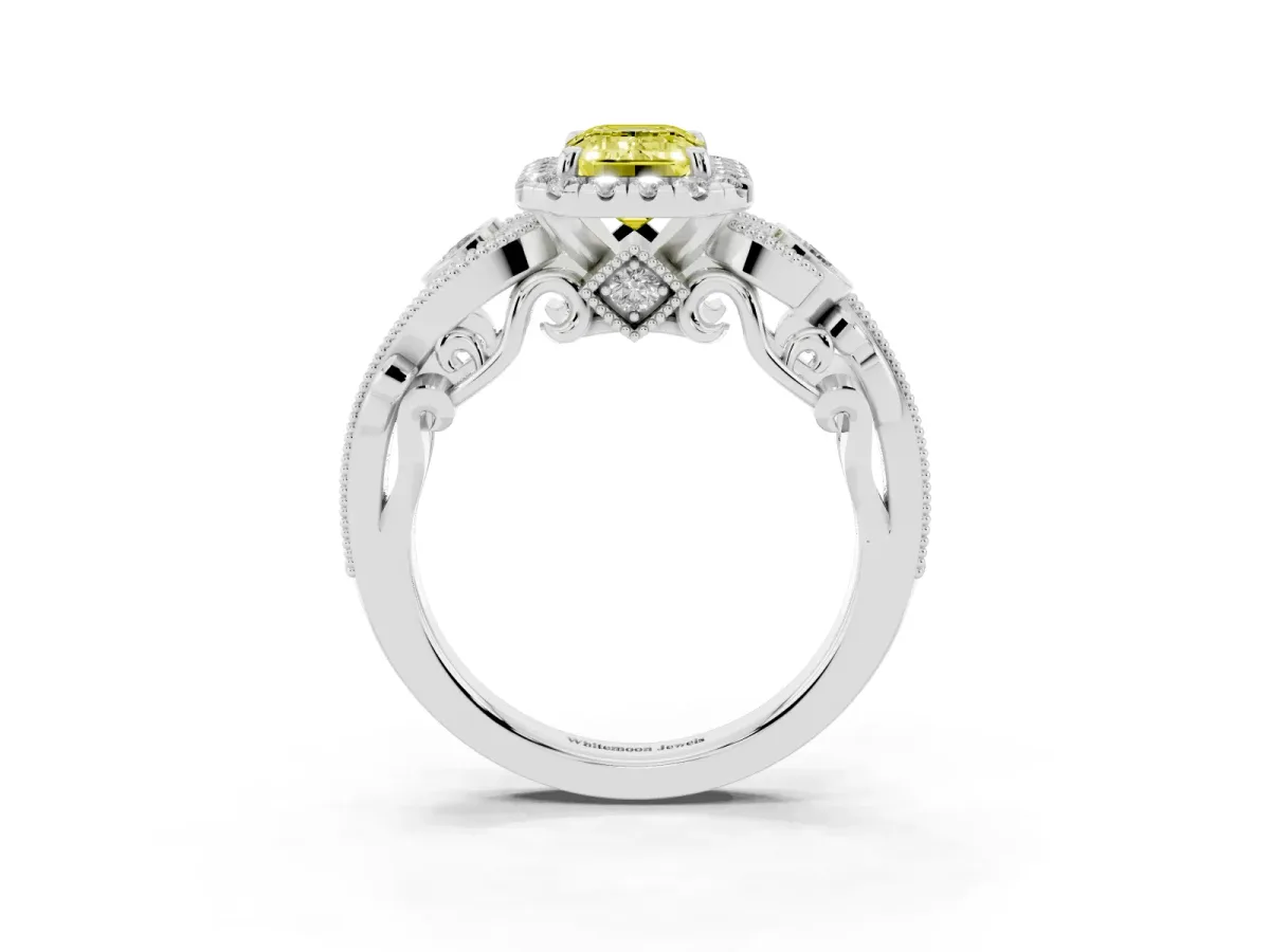 Fancy Yellow Emerald Cut Diamond Halo Ring with Milgrain Pavé Band and Four-Prong Setting White gold