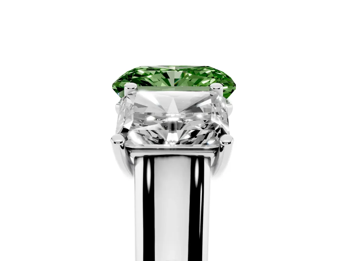 Fancy Green Radiant Cut Three-Stone Diamond Ring with Prong Setting on a Classic Band Silver
