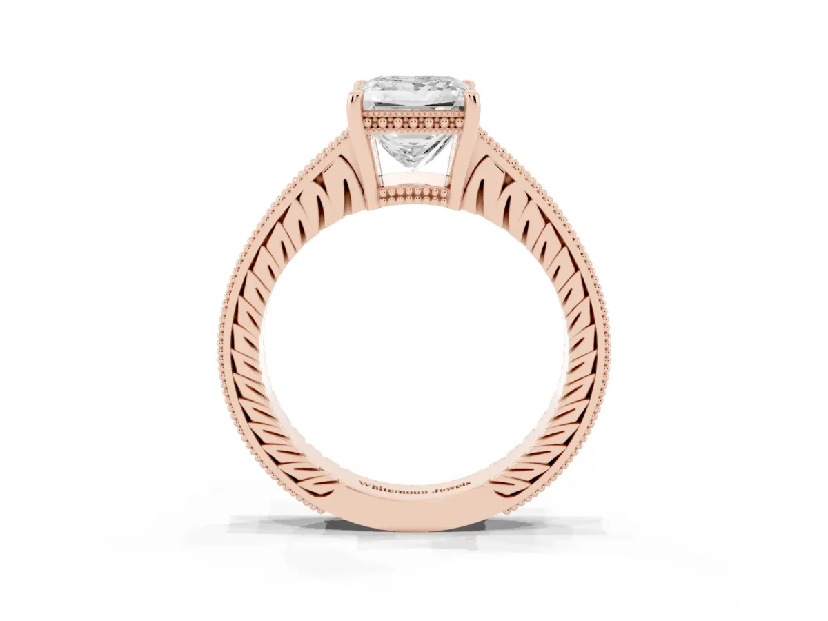 Princess Cut Solitaire Pavé Diamond Milgrain Engagement Ring with Four-Prong Setting Rose gold