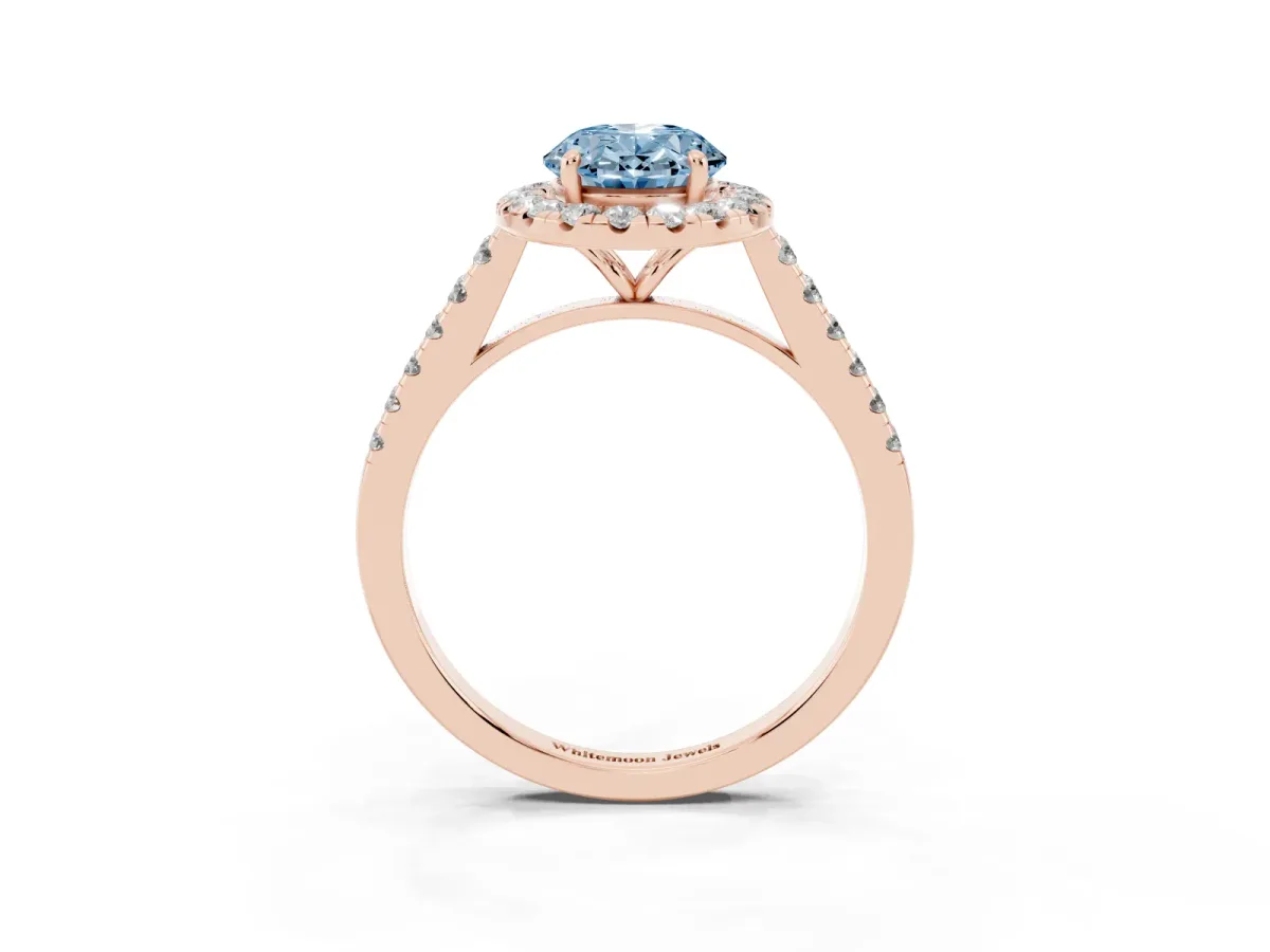 Fancy Blue Oval Cut Halo Pave Diamond Engagement Ring with Four-Prong Setting Rose gold