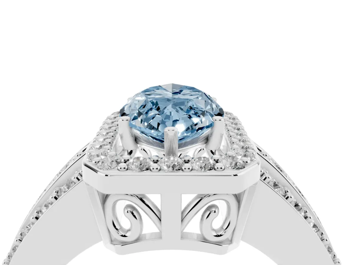 Fancy Blue Marquise Cut Halo Diamond Ring with Round Split Shank and Prong Setting Platinum
