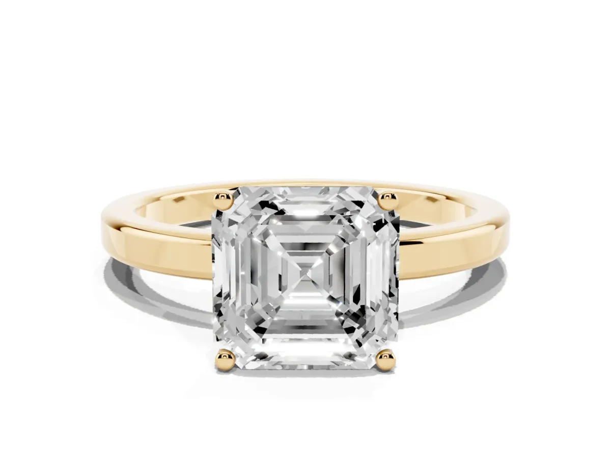 Asscher Cut Cut Solitaire Engagement Ring with Four-Prong Setting on a Classic Band Yellow gold