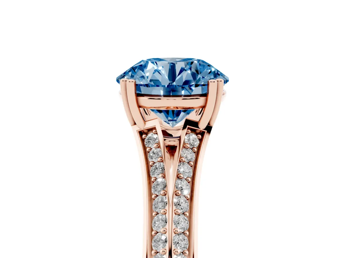 Fancy Blue Round Cut Diamond Split Shank Engagement Ring with Pavé Band Rose gold