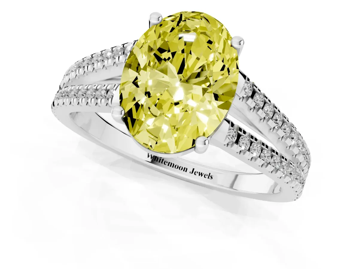 Fancy Yellow Oval Cut Diamond Solitaire Engagement Ring with Split Shank Pavé Band Platinum