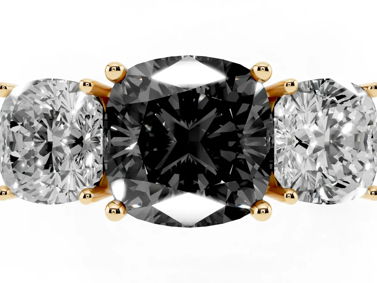 Fancy Black Three-Stone Cushion Cut Cut Diamond Engagement Ring with Prong Setting on a White Gold Band Yellow gold
