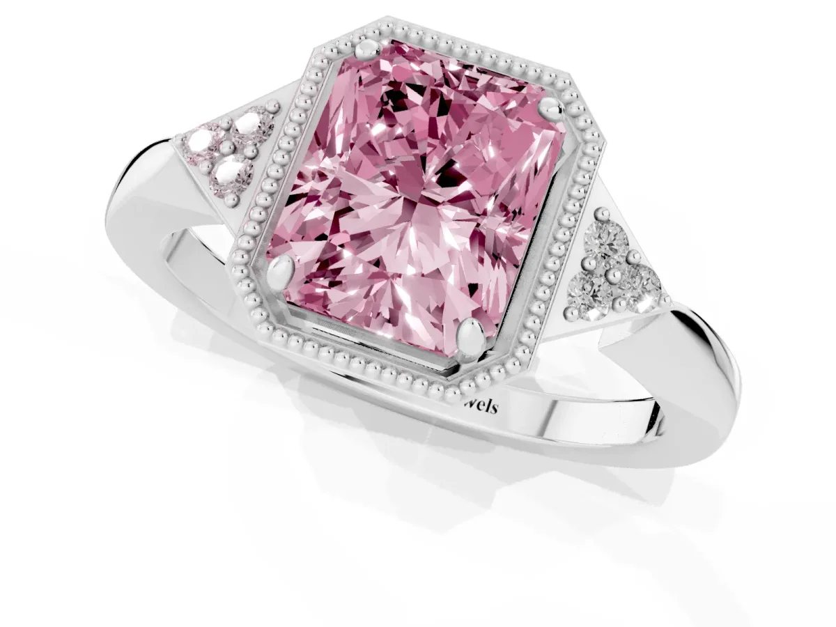 Fancy Pink Radiant Cut Diamond Halo Ring with Tapered Band and Four-Prong Setting White gold