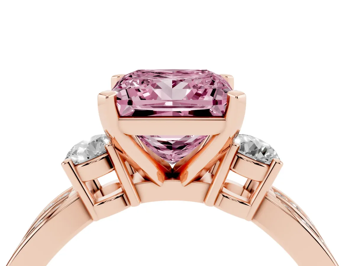 Fancy Pink Three-Stone Princess Cut Cut Diamond Twist Band with Prong Setting Rose gold