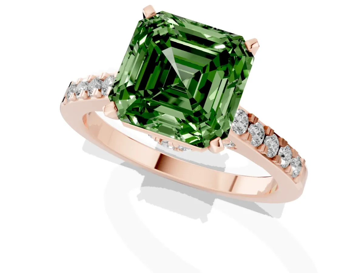 Fancy Green Asscher Cut Diamond Solitaire Ring with Crossover Gallery and Round Pavé Band Rose gold