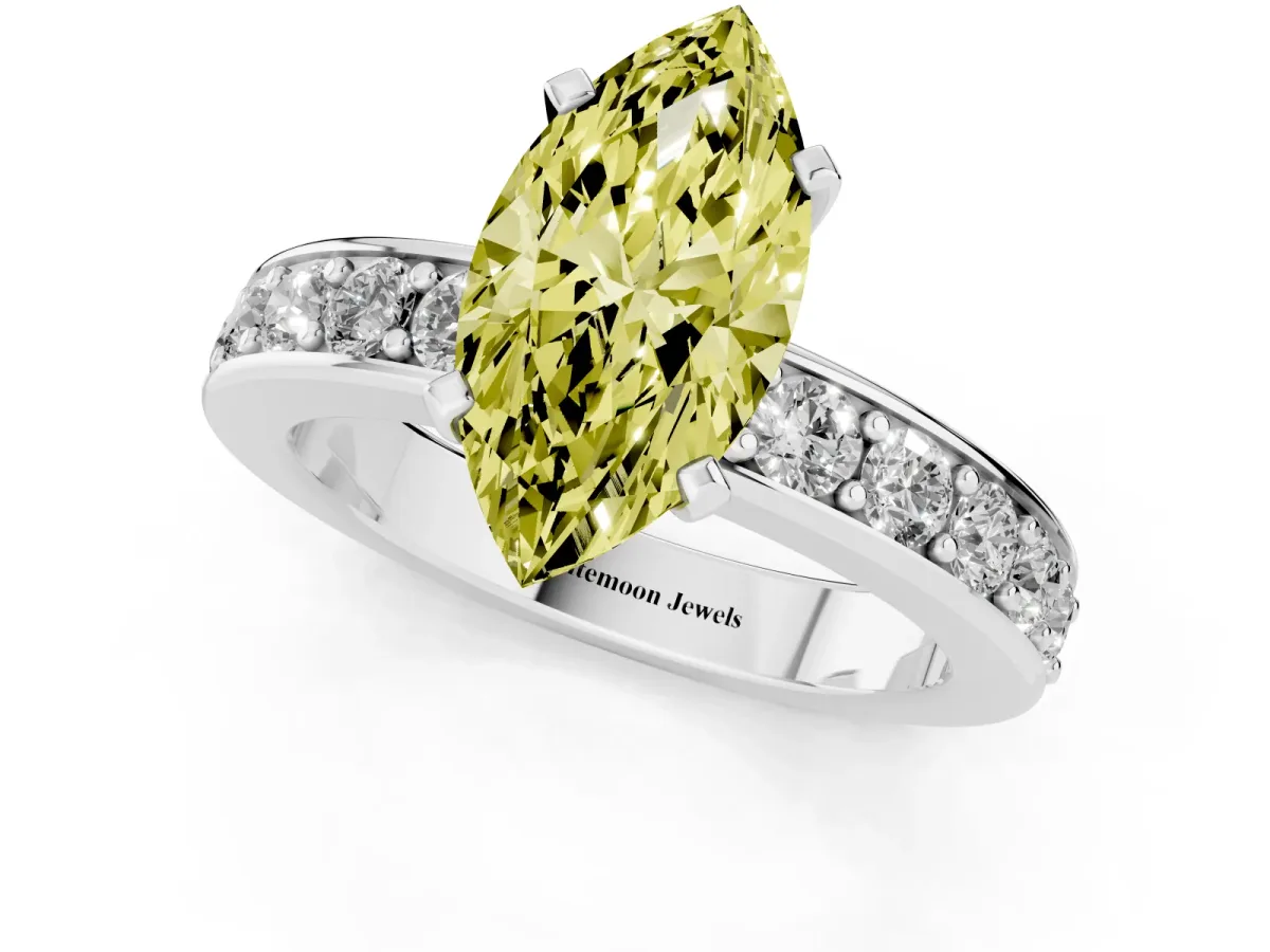 Fancy Yellow Marquise Cut Diamond Engagement Ring with Channel Set Round Band and Prong Setting White gold