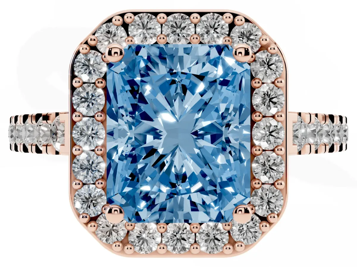Fancy Blue Radiant Cut Diamond Halo Ring with Round Pavé Split Shank and Prong Setting Rose gold