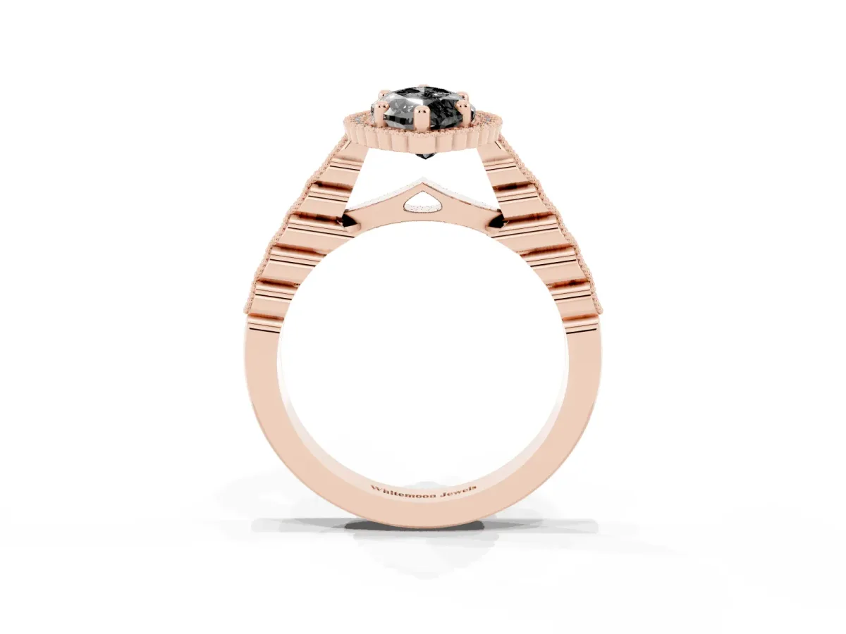 Fancy Black Marquise Cut Cut Halo Pavé Solitaire Ring with Milgrain Band Rose gold