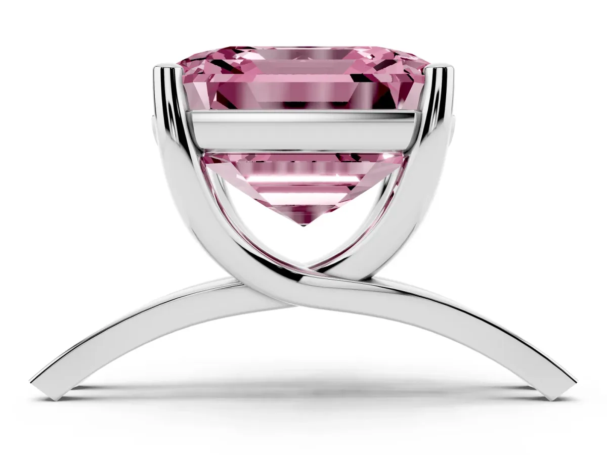 Fancy Pink Asscher Cut Cut Diamond Solitaire Engagement Ring with Tapered Plain Band and Four-Prong Setting Platinum
