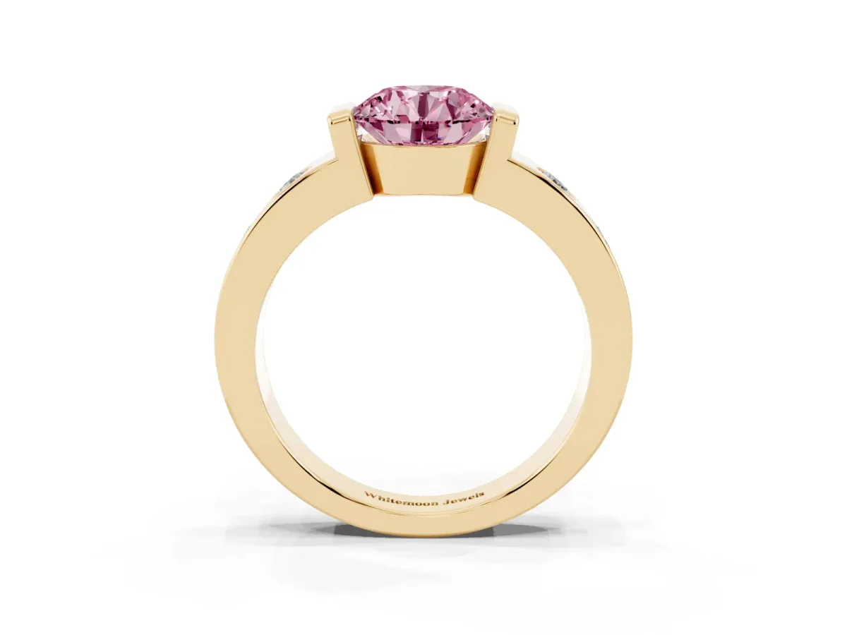 Fancy Pink Round Cut Brilliant Channel-Set Diamond Ring with Bezel Prong Setting Yellow gold