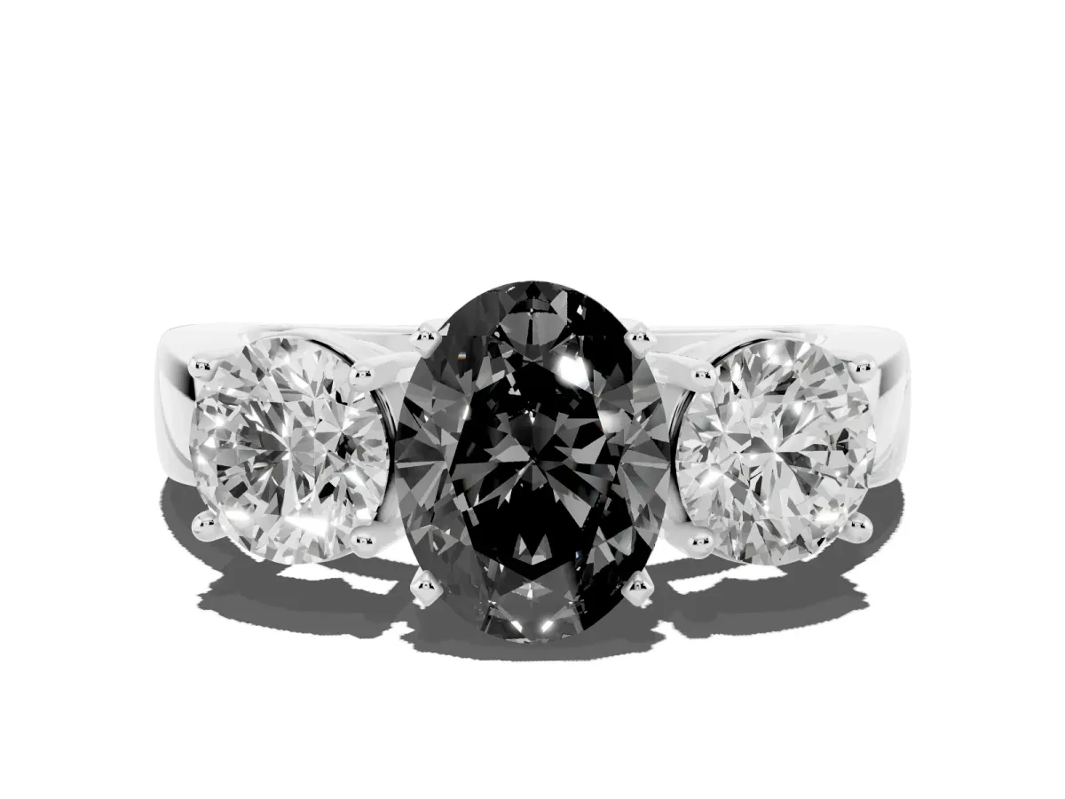 Fancy Black Three-Stone Oval Cut Diamond Ring with Round Side Stones, Classic Band, and Four-Prong Setting Silver