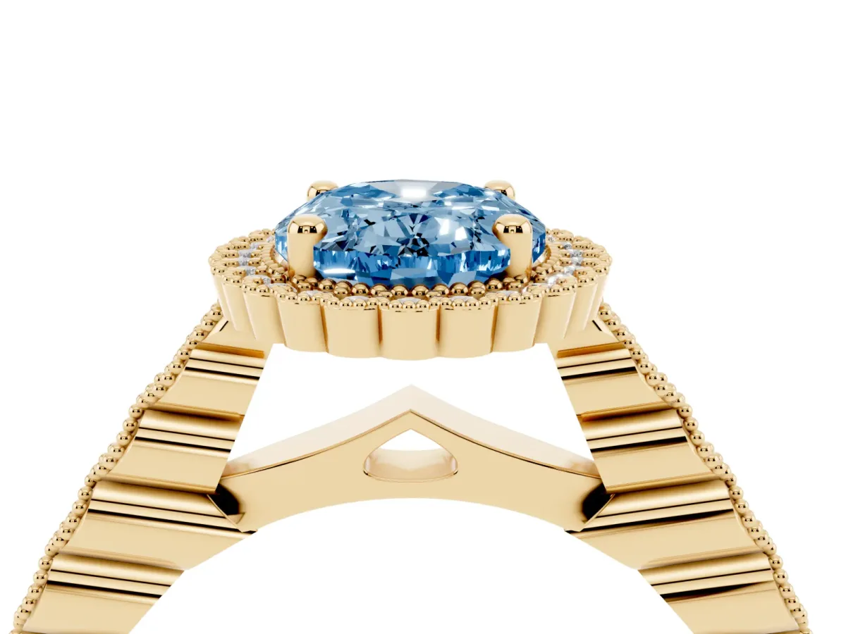 Fancy Blue Oval Cut Cut Halo Pavé Solitaire Ring with Milgrain Band Yellow gold