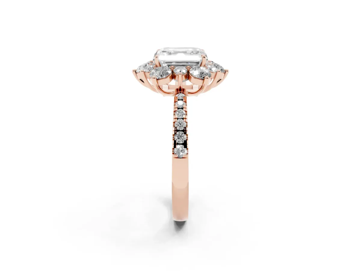 Asscher Cut Diamond Floral Halo Ring with Round Pavé Band and Prong Setting Rose gold