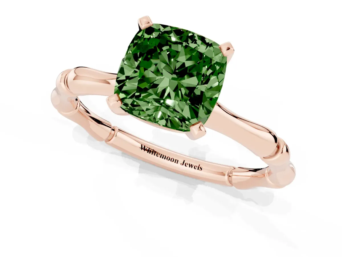 Fancy Green Cushion Cut Solitaire Diamond Ring with Bamboo Band and Four-Prong Setting Rose gold