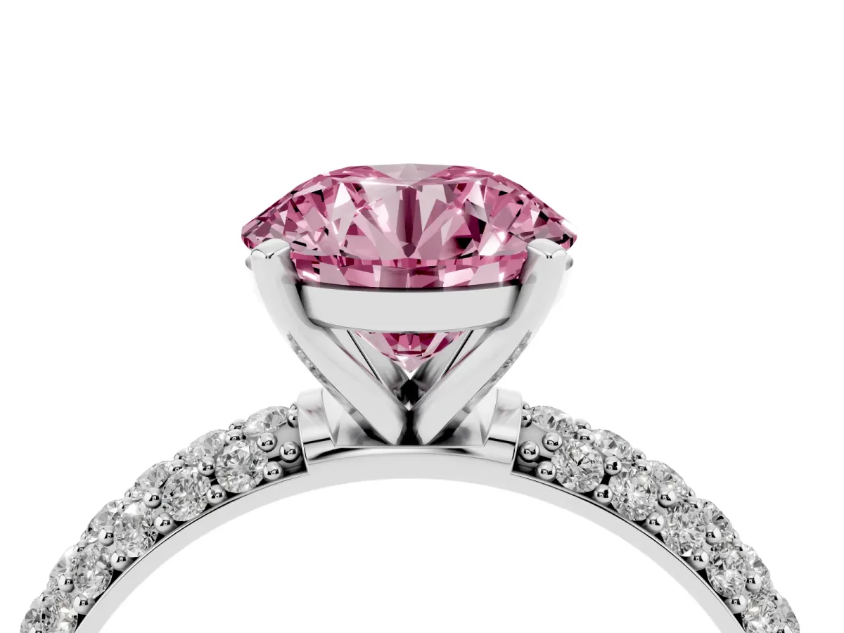 Fancy Pink Round Cut Diamond Solitaire Ring with Prong Setting and Pavé Band Silver