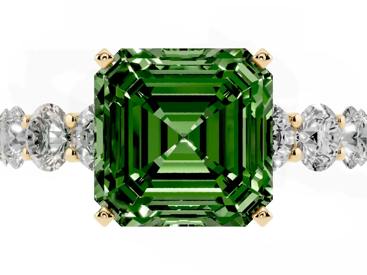 Fancy Green Asscher Cut Diamond Prong Setting with Side Stones on a Pave Band Yellow gold