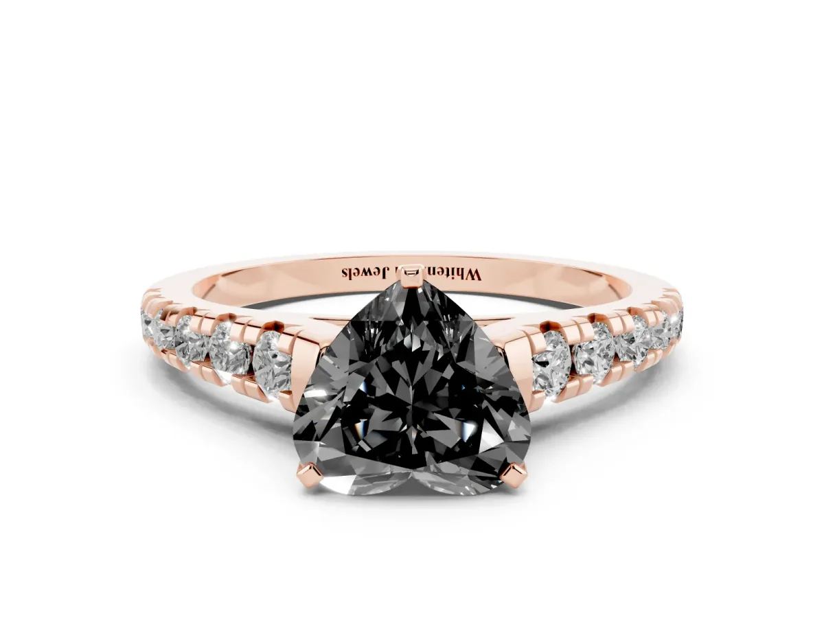 Fancy Black Heart Cut Diamond Cathedral Solitaire Ring with Round Pavé Band Rose gold