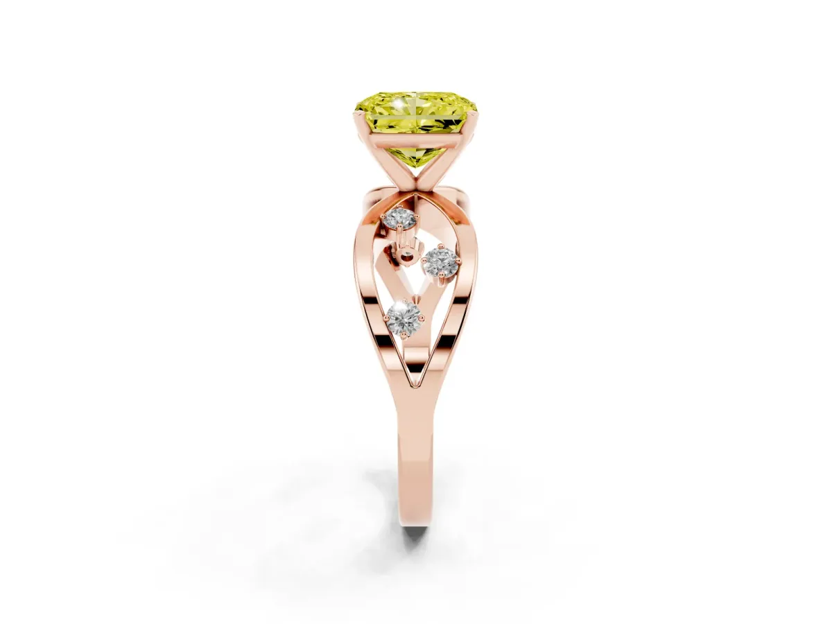 Fancy Yellow Radiant Cut Cut Solitaire Diamond with Side Stones on Criss-Cross Band and Four-Prong Setting Rose gold